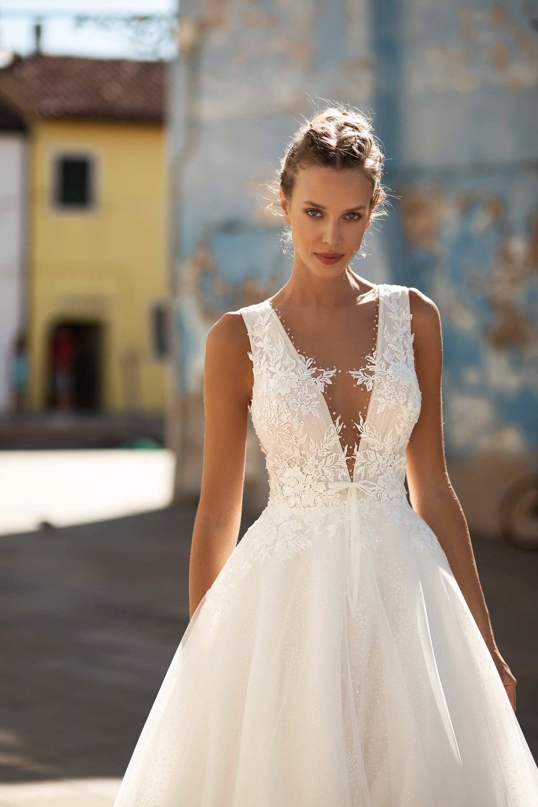 Beautiful A-Line V-Neck Sleeveless Lace Wedding Dress with Sequins Beading and Cathedral Train