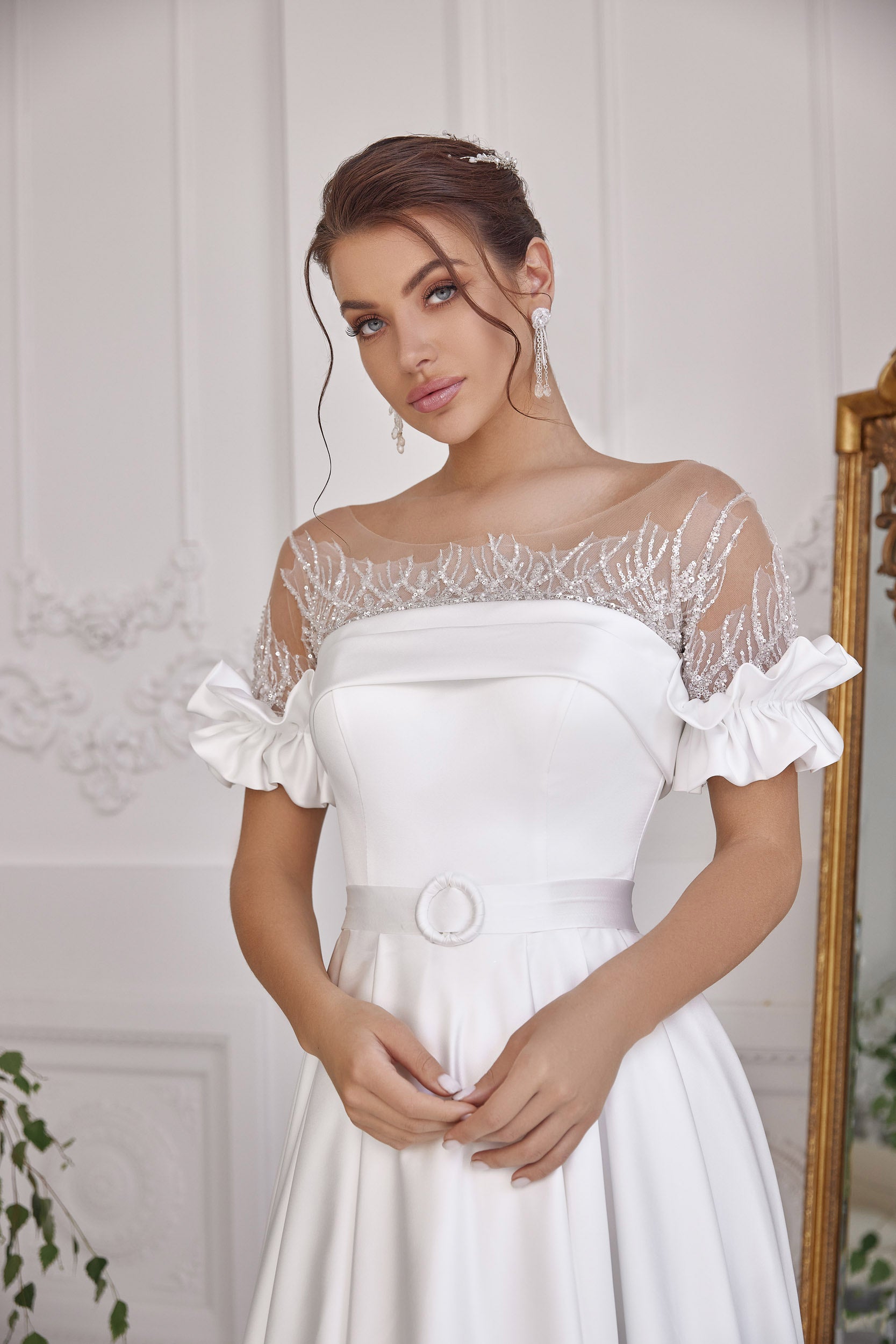 A-Line Wedding Dress with Illusion Neckline and Ruffle Sleeves