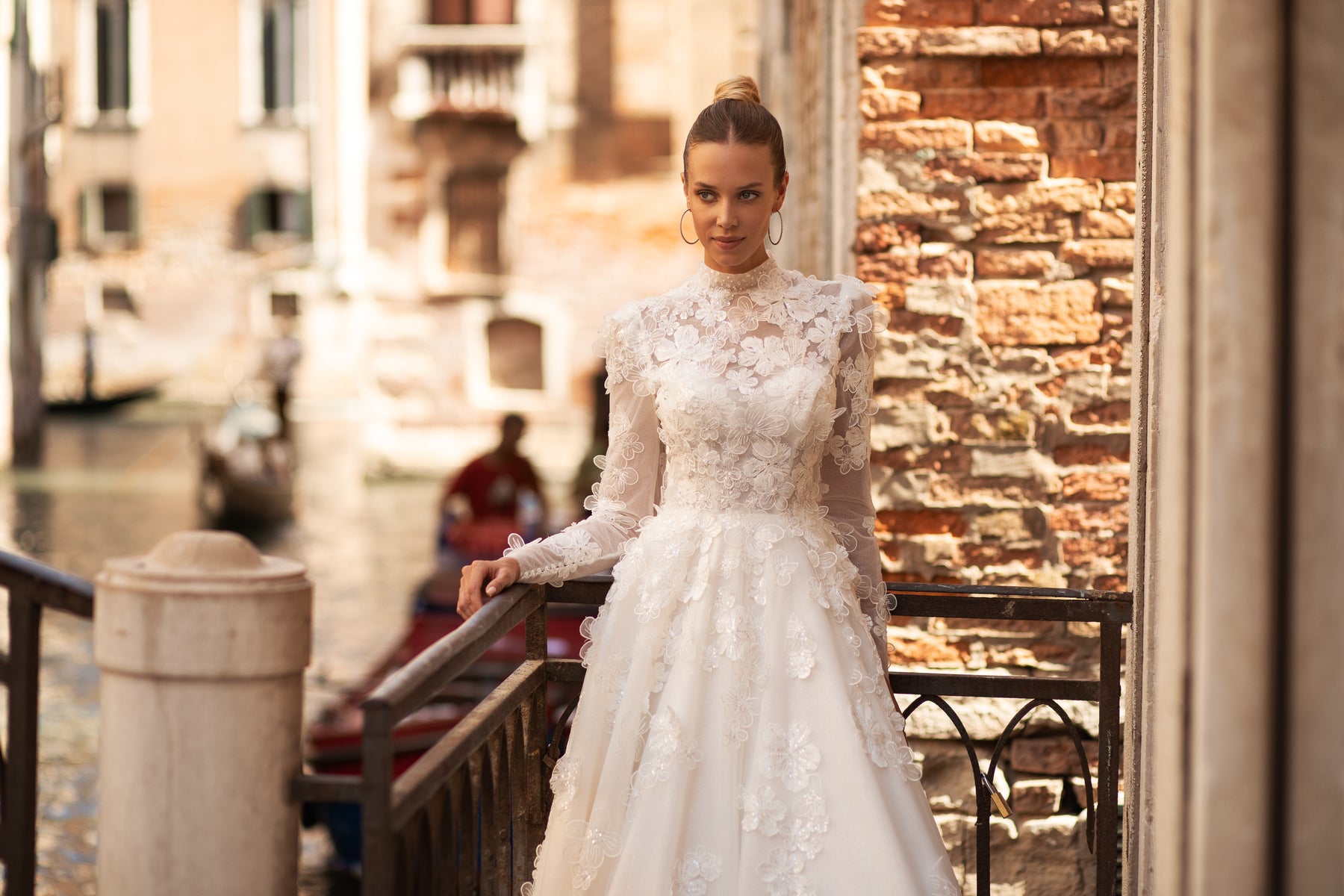 Elegant A-Line Cathedral Wedding Gown with 3-D Lace Top, High Neck, and Long Sleeves