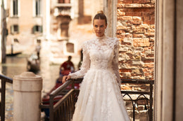 Elegant A-Line Cathedral Wedding Gown with 3-D Lace Top, High Neck, and Long Sleeves