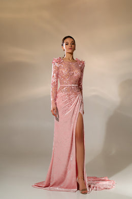 Luxurious Evening Dress with Long Sleeves, Train Skirt, Translucent Corset, Guipure Elements, Crystal Embroidery, 3D Volumetric Flowers - Marble Velour