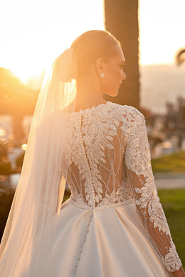 Mikado Gown with Sequined Tulle Sleeves, Embroidered Guipure with Beads and Sequins, Swarovski Crystal Belt, and Buttons with Train - Bridal Look