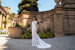Sheath Wedding Dress with Long Lace Sleeves and Chapel Train