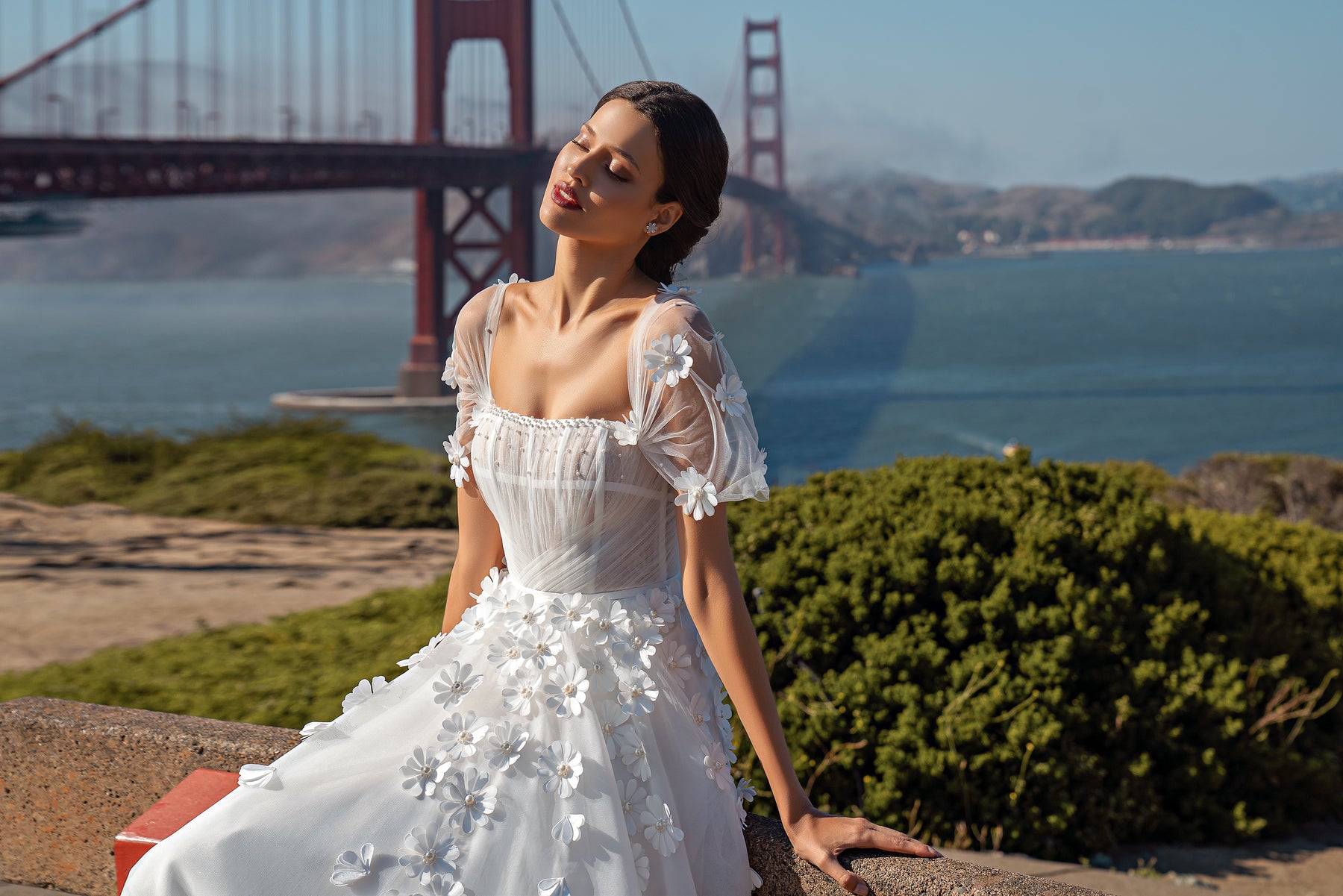 A-Line Wedding Dress with 3D Floral Appliqués and Detachable Sleeves