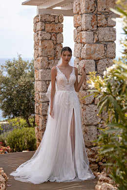 A-Line Wedding Dress with Leaf Lace Bodice and Front Slit