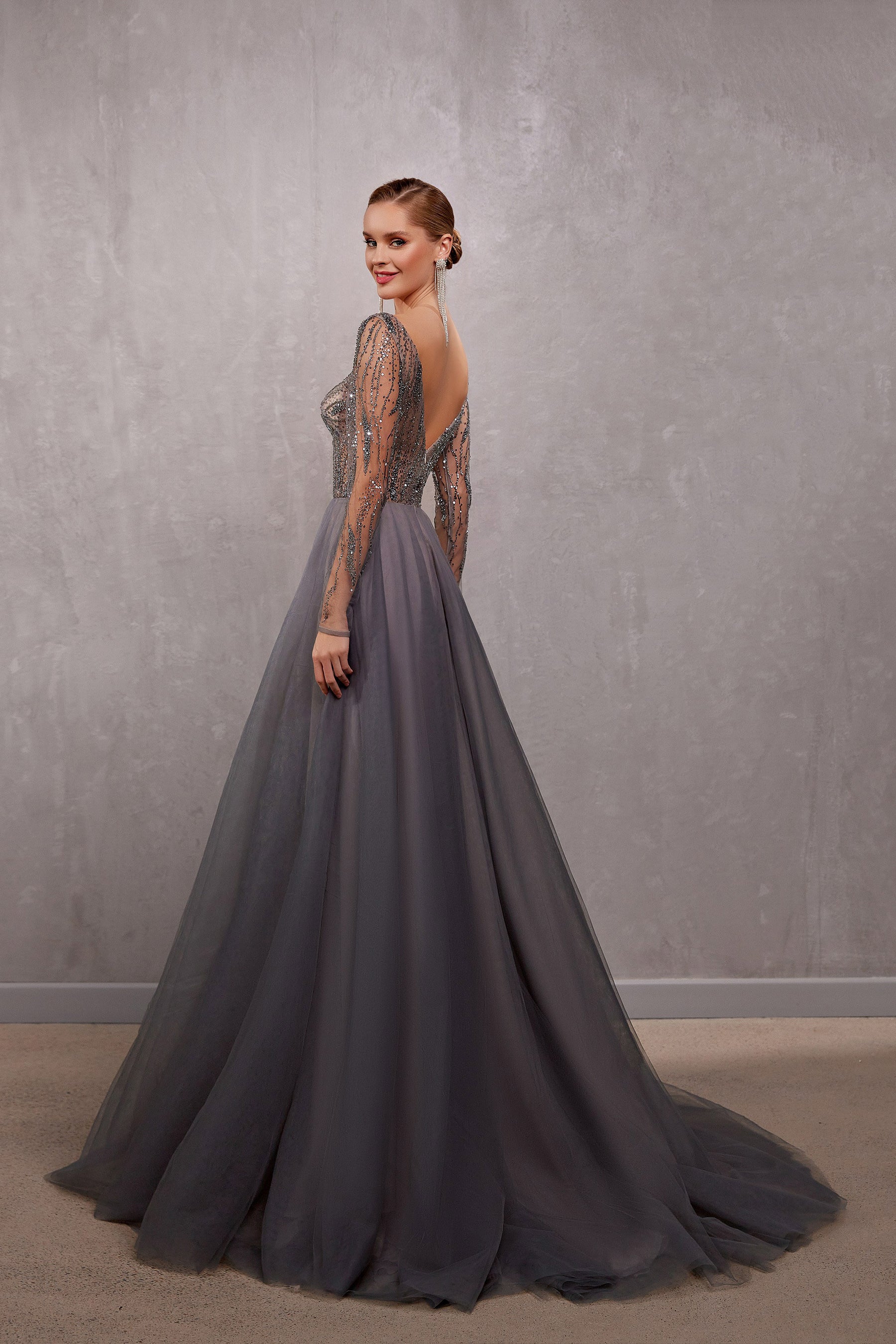 Women's Special Occasion Dress - Deep V-Neck, Long Sleeves, Sequins, Smoky Color