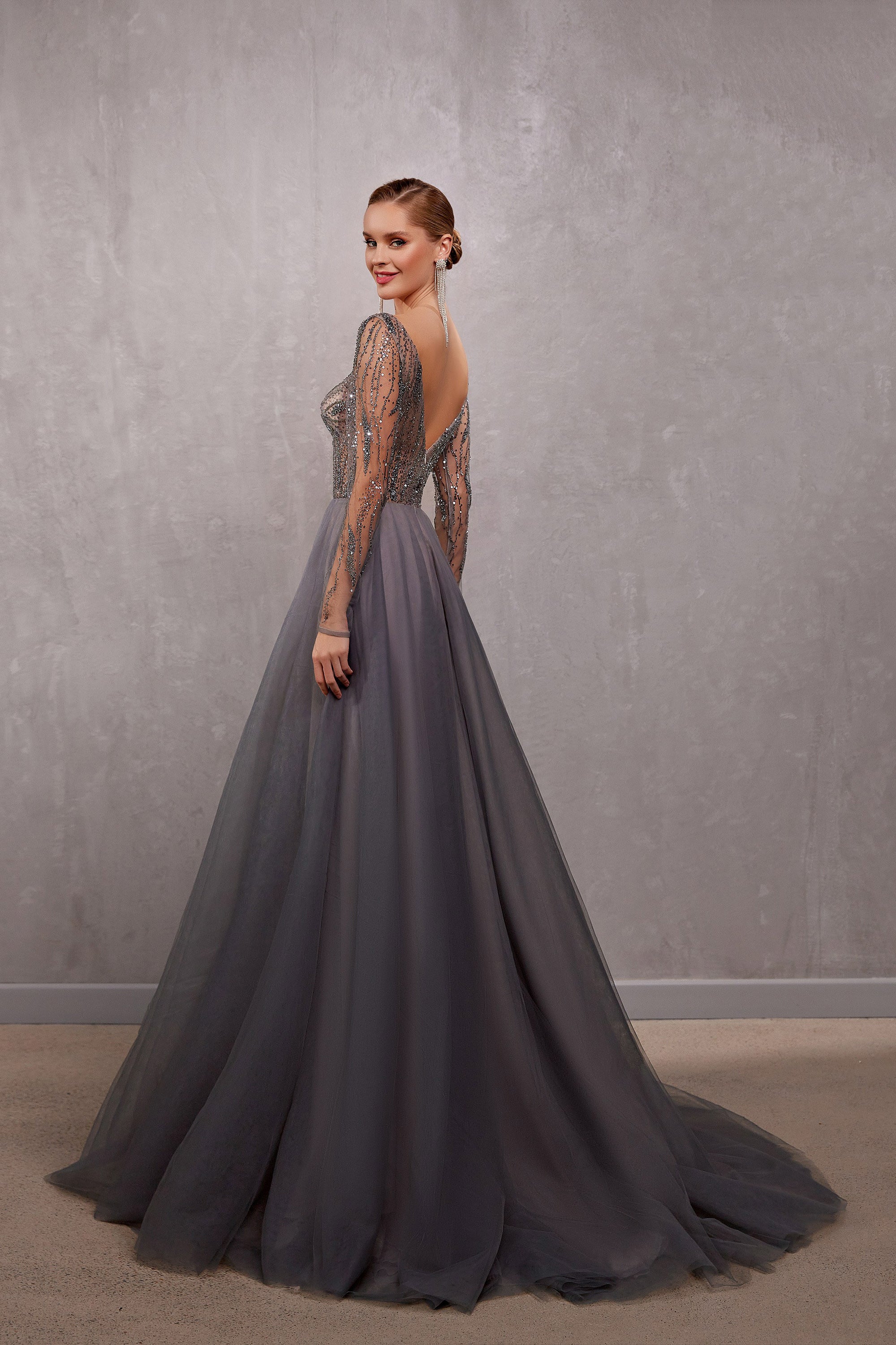 Women's Special Occasion Dress - Deep V-Neck, Long Sleeves, Sequins, Smoky Color