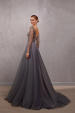 Women's Special Occasion Dress - Deep V-Neck, Long Sleeves, Sequins, Smoky Color
