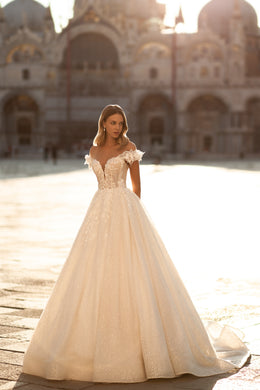 Sparkling Bridal Ballgown with Lacing, Buttons Back, Short Sleeves with 3D Lace, and Deep V-Neck