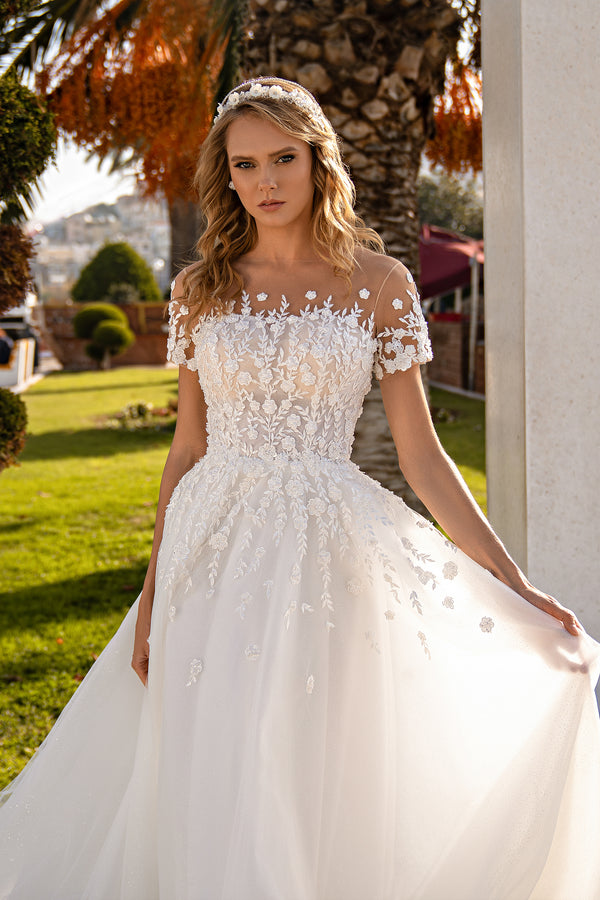 Romantic A-Line Wedding Dress with Glittery Corset, Floral Appliqués, and Train