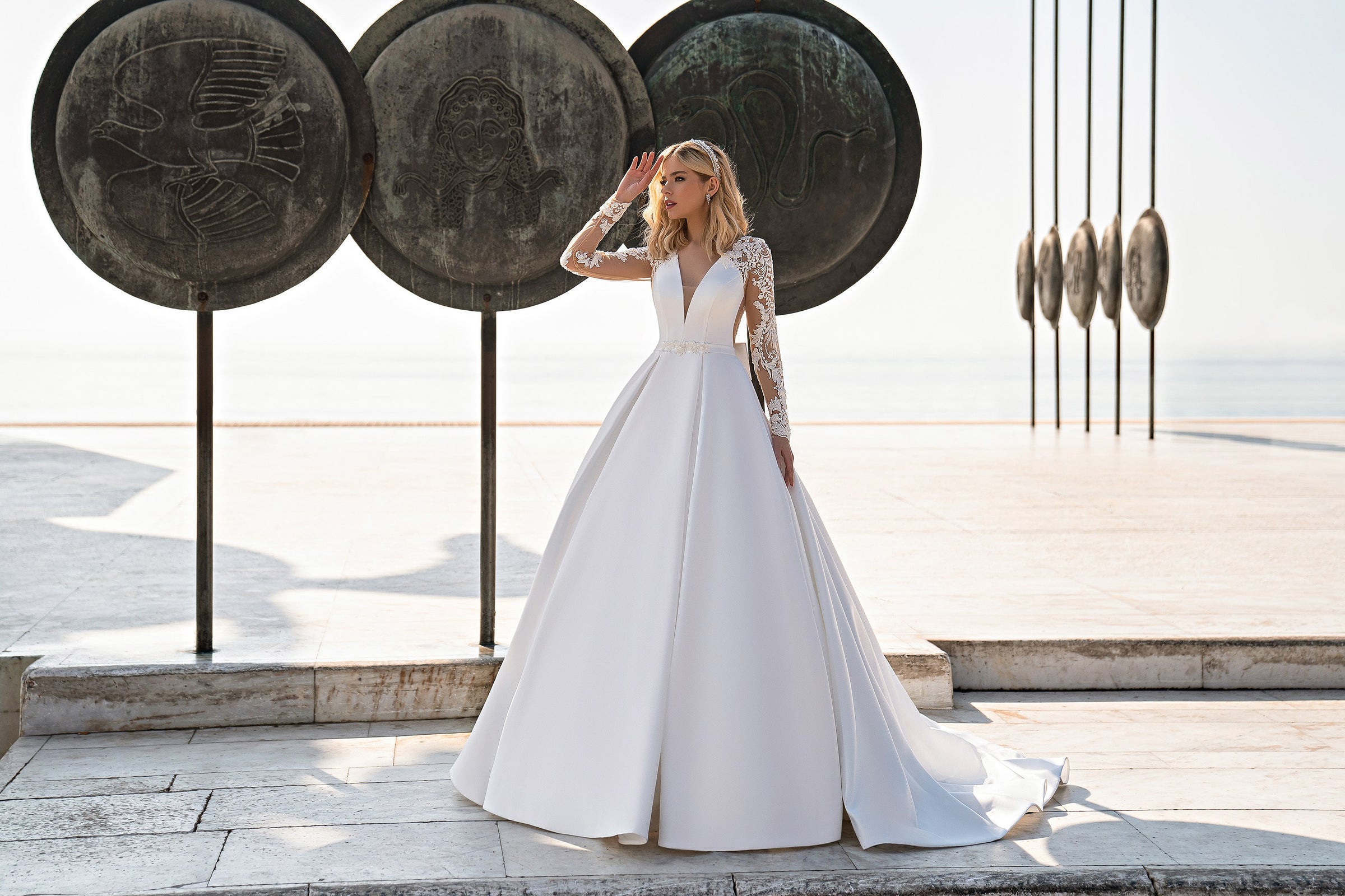 Mikado Ball Gown Wedding Dress with Lace Sleeves