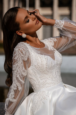 Mikado Ball Gown Wedding Dress with Detachable Lace Bolero and Pockets