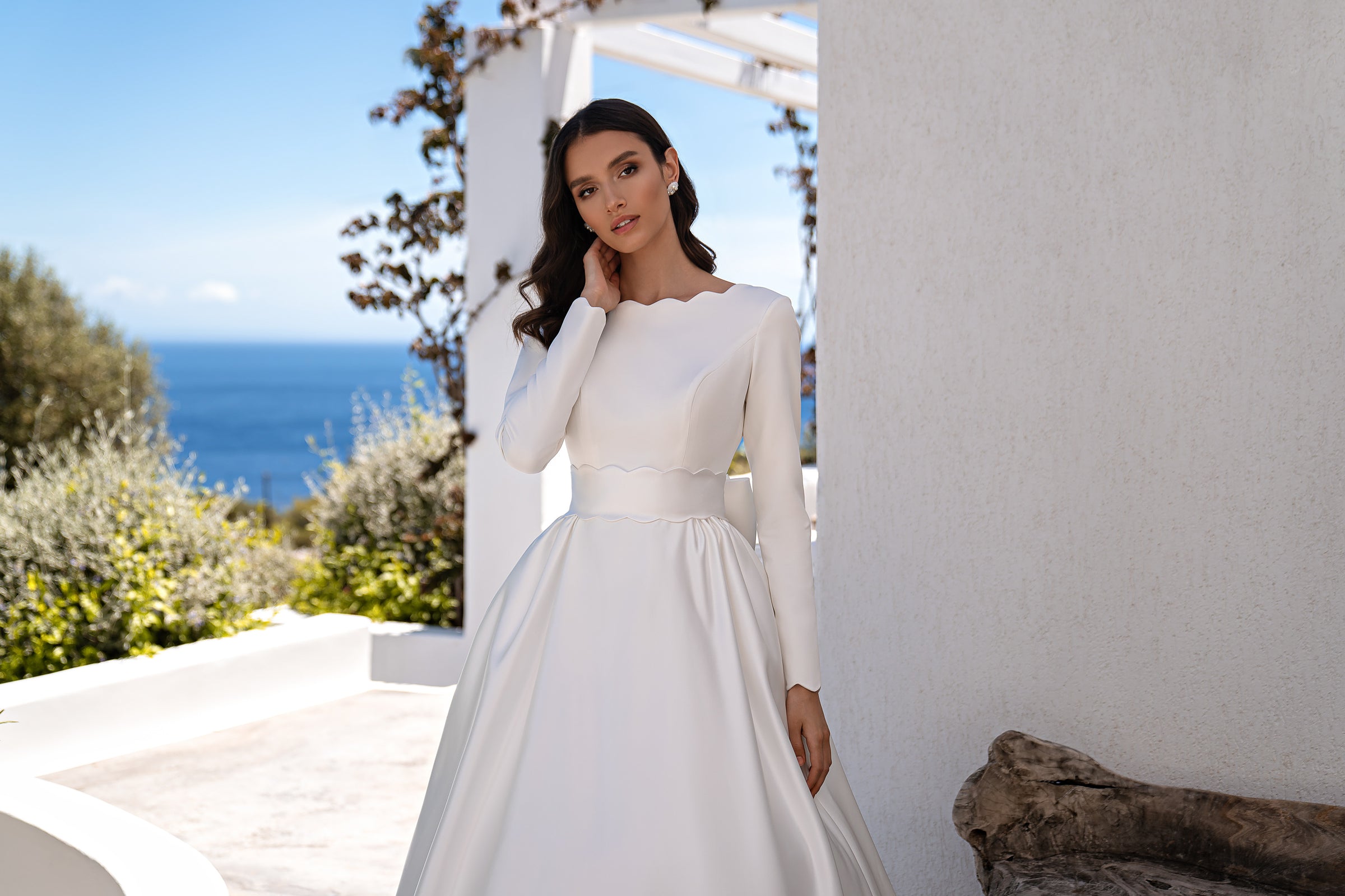 Wedding Dress with Detachable Train, Soft Corset, Long Sleeves, Boat Neckline, V-Shaped Neckline, Detachable Royal Satin Belt, Double Bow, and Pockets