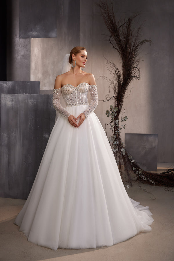 Women's Elegant Wedding Dress with Bare Shoulders, Puffy Skirt, and Embellished Corset