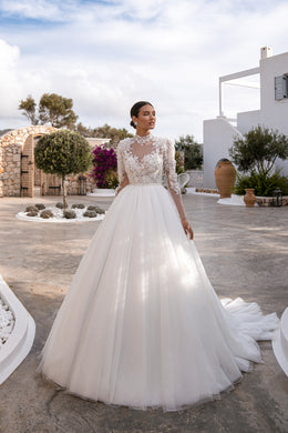 2-in-1 Lace Long Sleeve Ball Gown Wedding Dress with Satin Overskirt