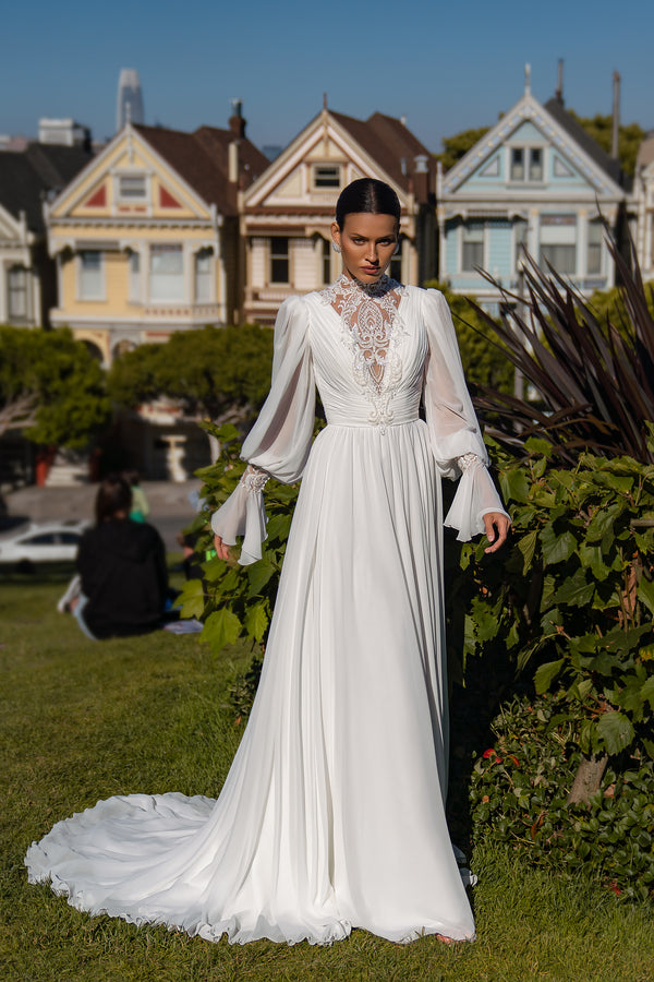 Women's Elegant Multi-Chiffon Wedding Dress with Guipure Embellishments and Long Train