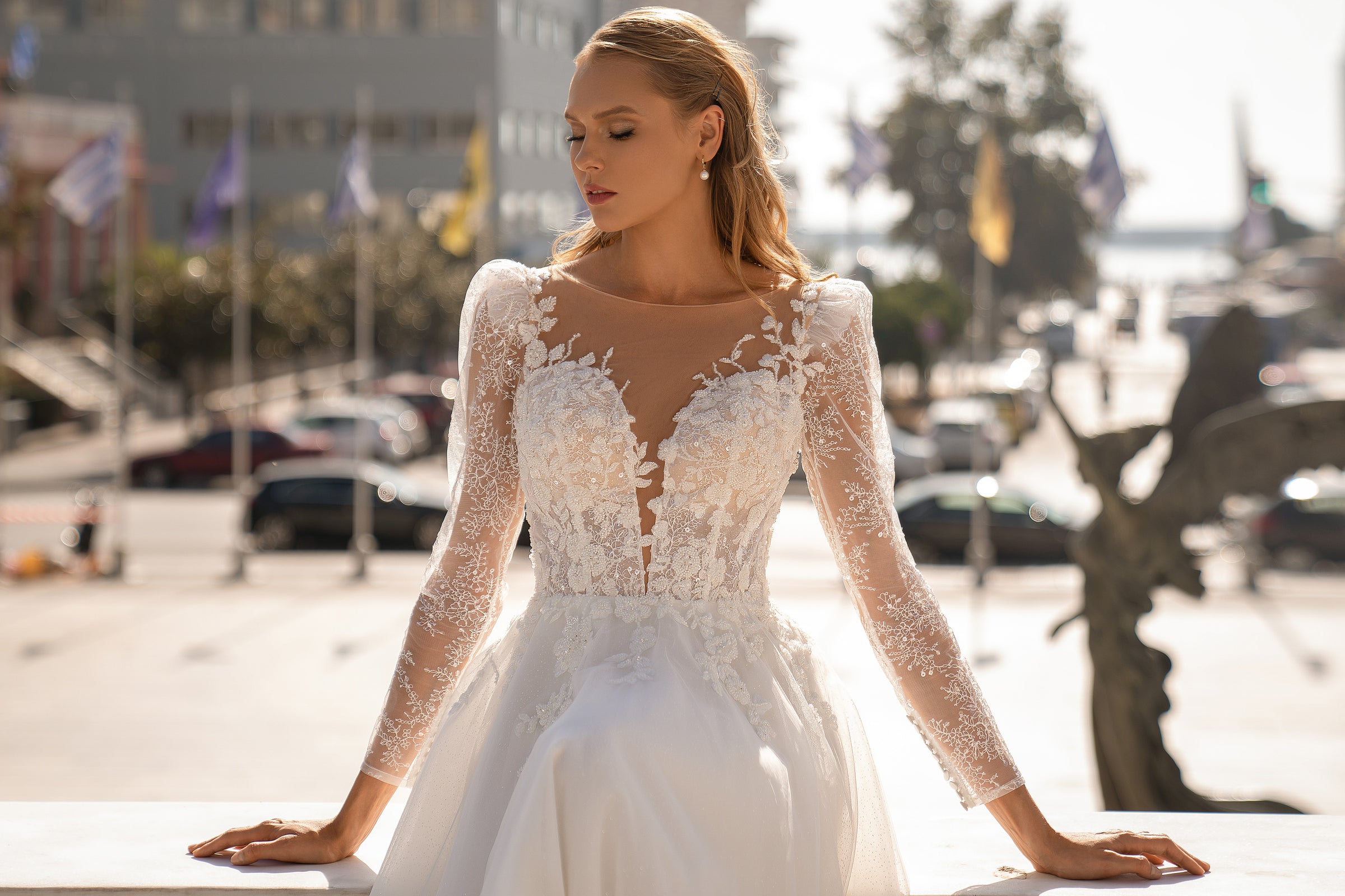 Luxurious Rich Wedding Dress with Voluminous Sequined Chantilly Sleeves, Attractive V-Neck Corset and Embellished with Embroidered Beaded Guipure