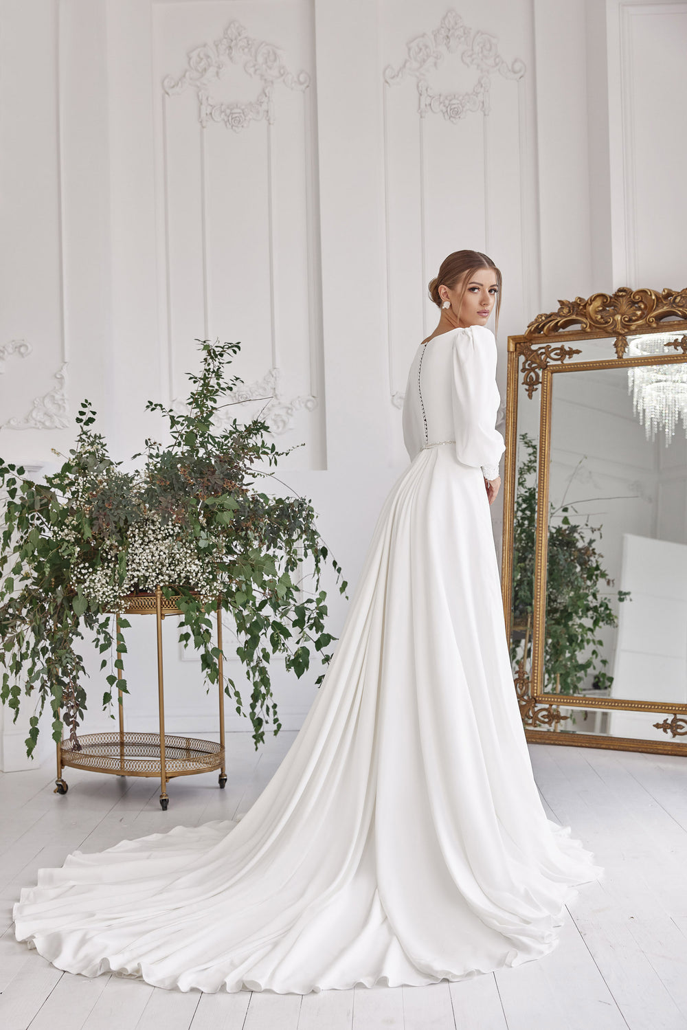 Romantic A-Line Satin Wedding Dress with Lace Appliqués and Beading, Sweetheart Neckline, Long Puff Sleeves, Cathedral Train