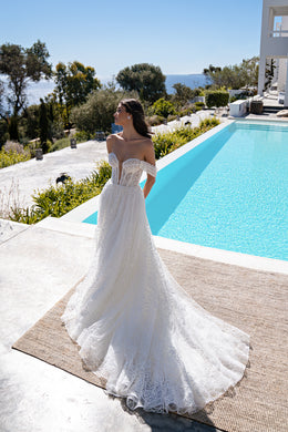 Off-the-Shoulder A-Line Wedding Dress with Bishop Sleeves
