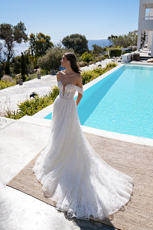 Gorgeous Off-the-Shoulder Wedding Dress with Detachable Sleeves, Deep Cut Corset & Glitter-Covered Roses