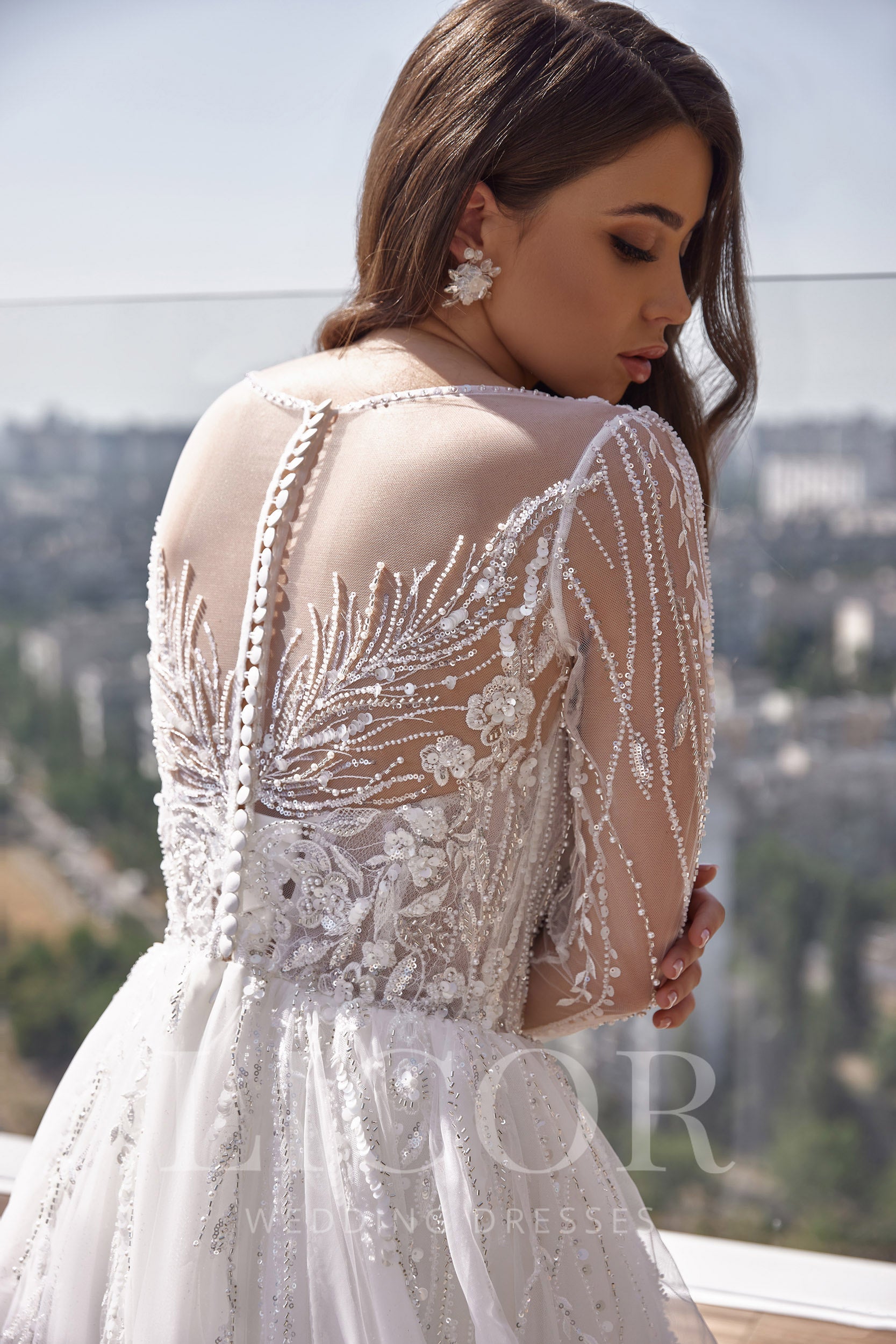 A-Line Wedding Dress With Tulle Skirt, Lace Appliqués And Beading, Illusion Long Sleeves, Cathedral Train