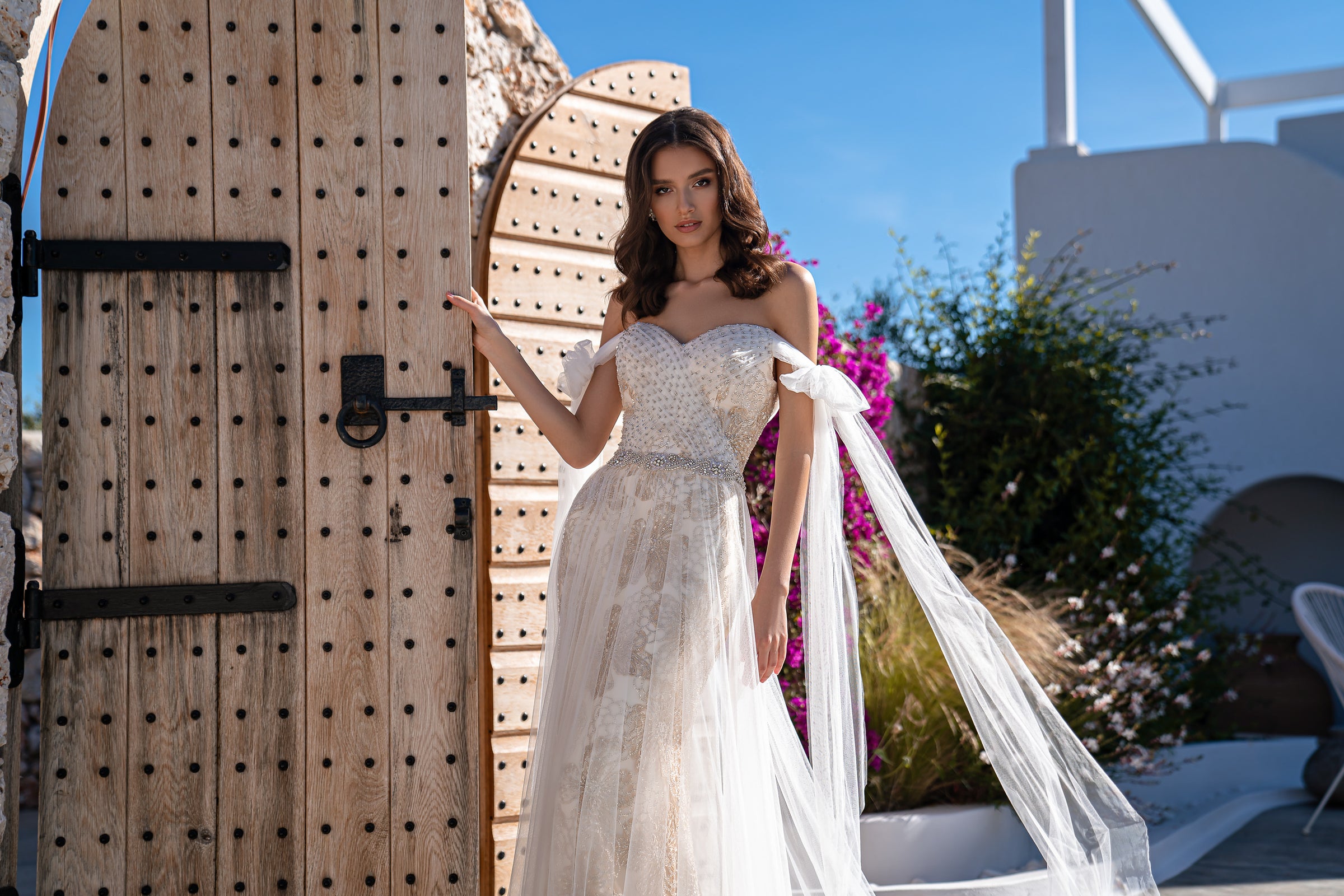 Champagne Beaded Sheath Wedding Dress with Tulle Bow Sleeves