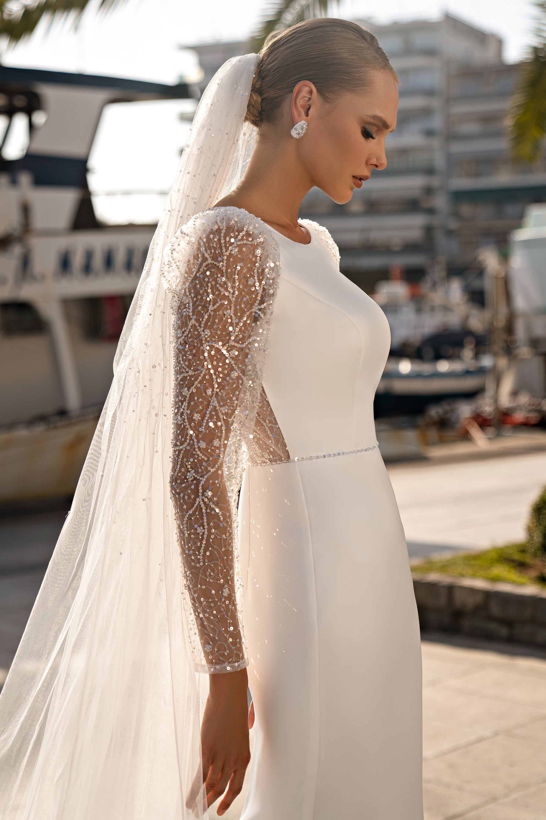 Mermaid Wedding Dress with Voluminous Buttoned Sleeves and Translucent Back - Double Soft Satin with Embroidered Guipure, Beads and Sequins, Handmade Belt with Beads and Sequins at Waist