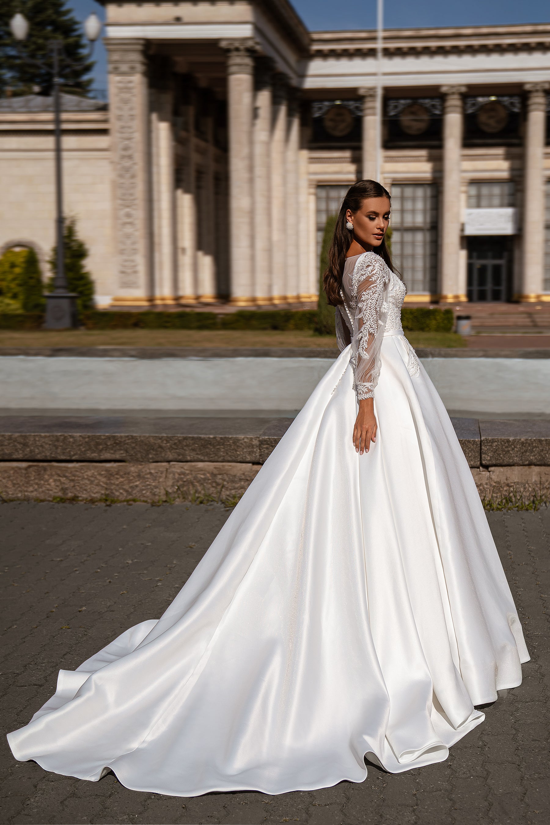 Mikado Ball Gown Wedding Dress with Detachable Lace Bolero and Pockets