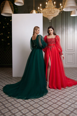 Women's Special Occasion Dress with Square Neck, Puffy Sleeves, Tulle Skirt and Slit Detail