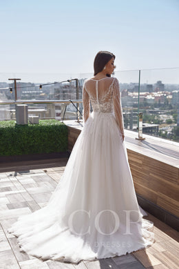 A-Line Wedding Dress With Tulle Skirt, Lace Appliqués And Beading, Illusion Long Sleeves, Cathedral Train