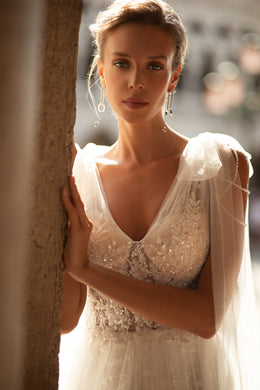 A-Line Bridal Gown with Tulle Fabric, Court Train, Beaded Lace, Decorated Shoulders, Low Back, and Corset Lacing Back