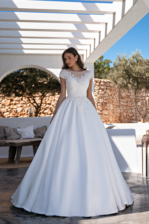 Romantic Princess Wedding Dress with Detachable Skirt & Train, Boat Neckline, Crystal Embroidery & Tulle Sparkle