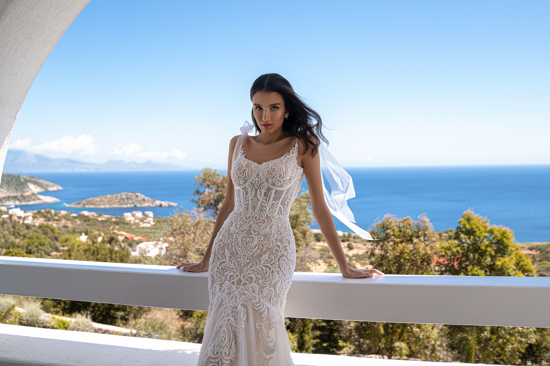 Ivory wedding dress featuring a fitted lace bodice, thin straps, a mermaid skirt, and sheer back drapes