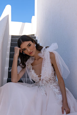 Blush Tulle A-Line Wedding Dress with Plunging V-Neck and Shoulder Bows