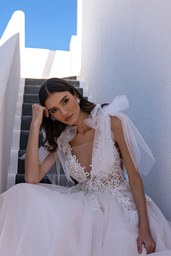 Beautiful Airy Wedding Dress with Removable Tulle Straps, Semi-Sheer Corset, Glittered Skirt and Long Train, Decorated with Guipure, Beads, Pearls and Sequins