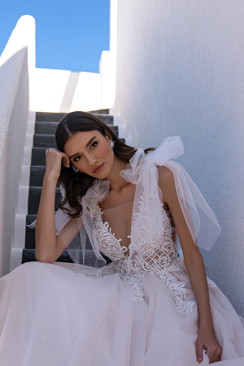 Blush Tulle A-Line Wedding Dress with Plunging V-Neck and Shoulder Bows