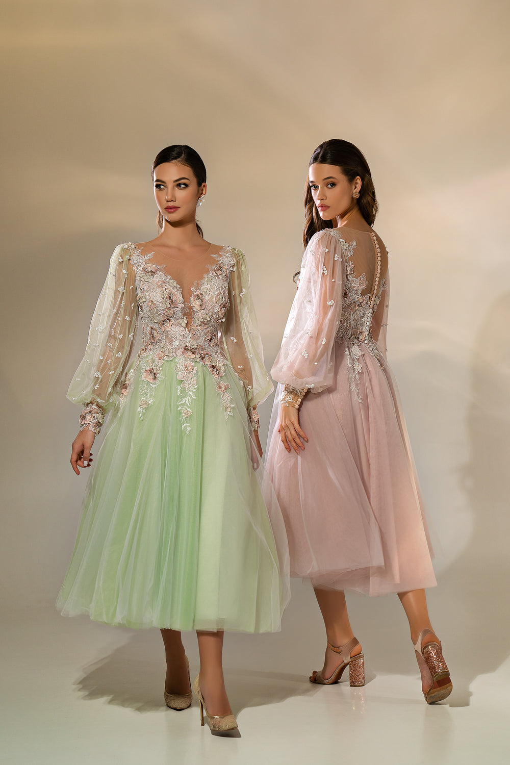 Women's Elegant Evening Dress with Translucent Tulle Fabric, Fluffy Midi Skirt, and Handmade Buttons - Decorated with 3-D Guipure, Beads, Crystals, and Sequins
