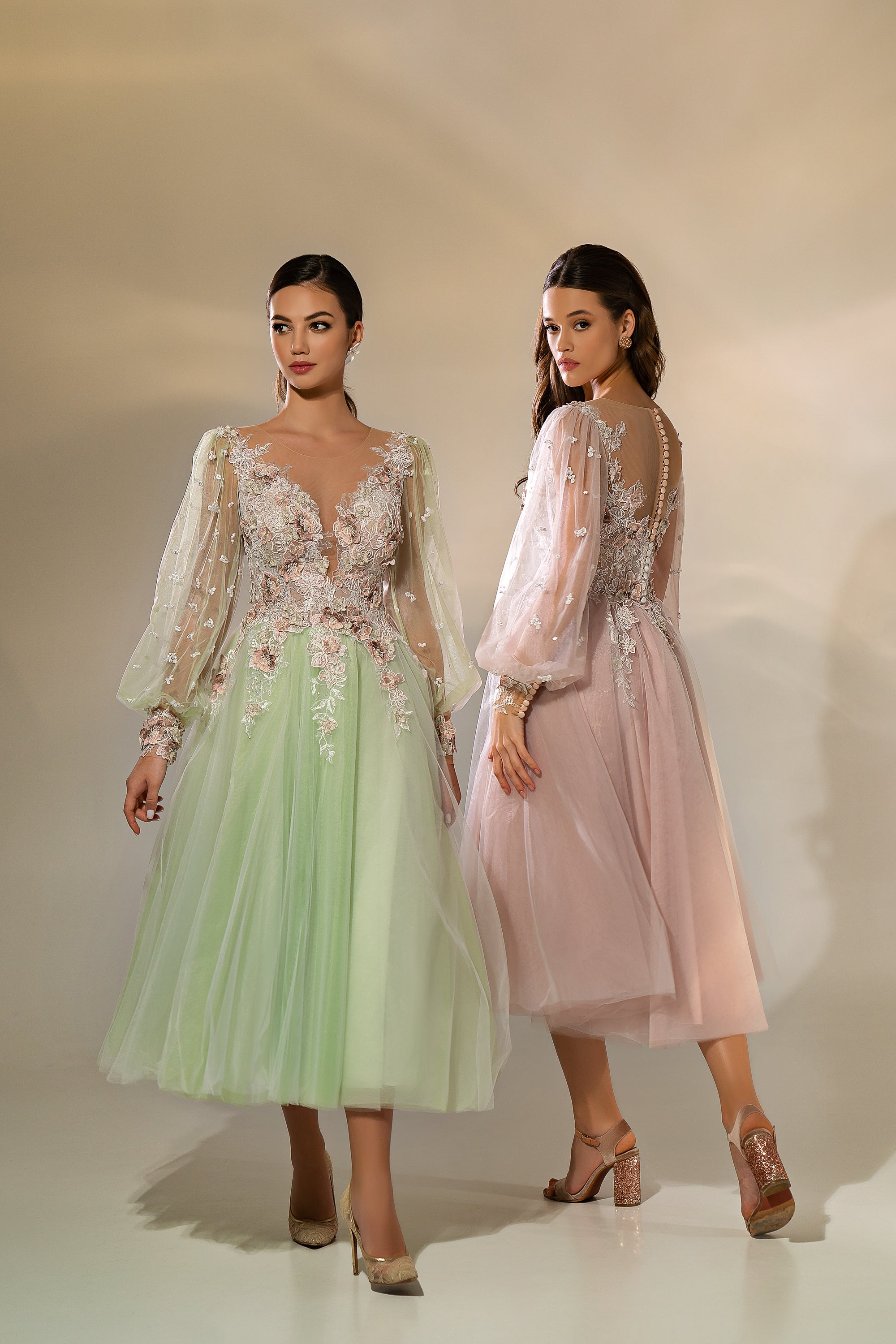 Women's Elegant Evening Dress with Translucent Tulle Fabric, Fluffy Midi Skirt, and Handmade Buttons - Decorated with 3-D Guipure, Beads, Crystals, and Sequins
