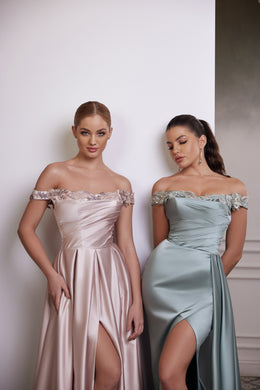 Satin evening dresses with embellished off-the-shoulder necklines, ruched bodices, and high leg slits