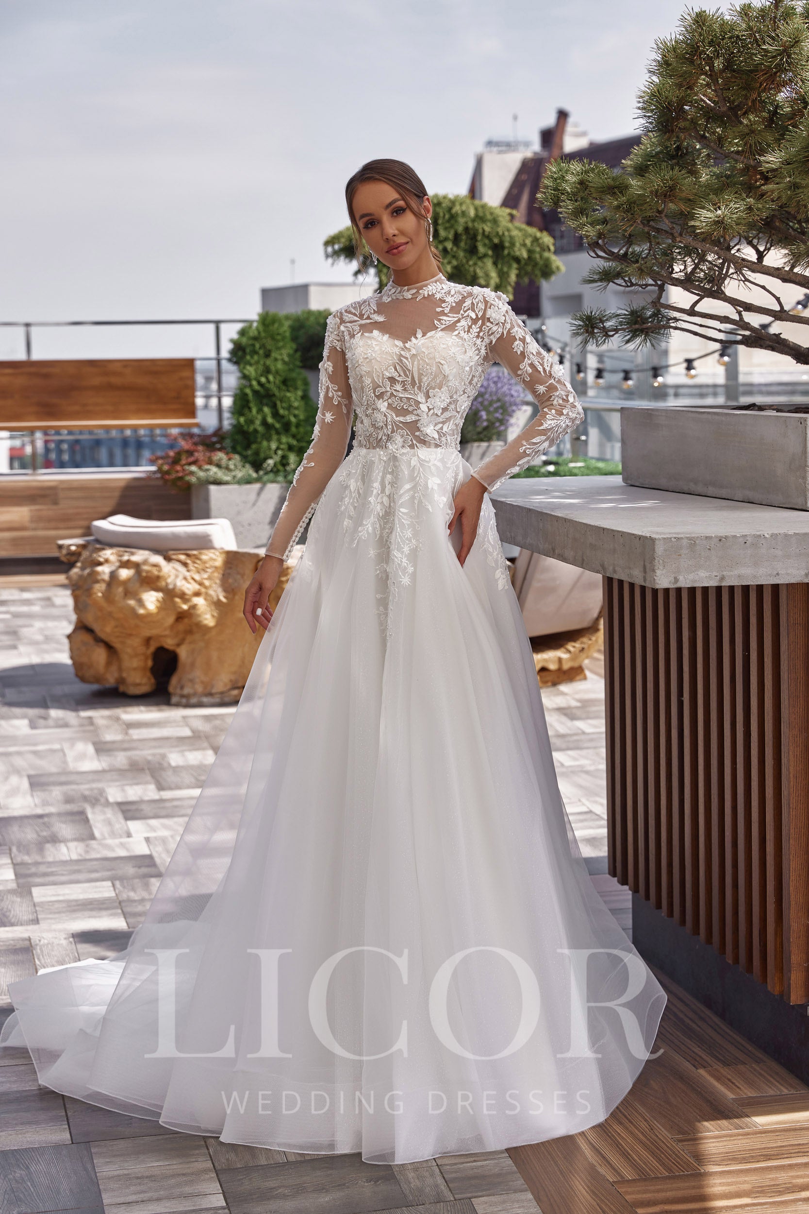 A-Line Wedding Dress with Lace Appliqués, Floral Embroidery, Illusion Neck, Long Sleeves, Tulle Skirt, Cathedral Train, Romantic