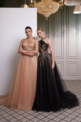 Champagne and black A-line tulle evening dresses with high necklines, sparkling embellishment, and full skirts