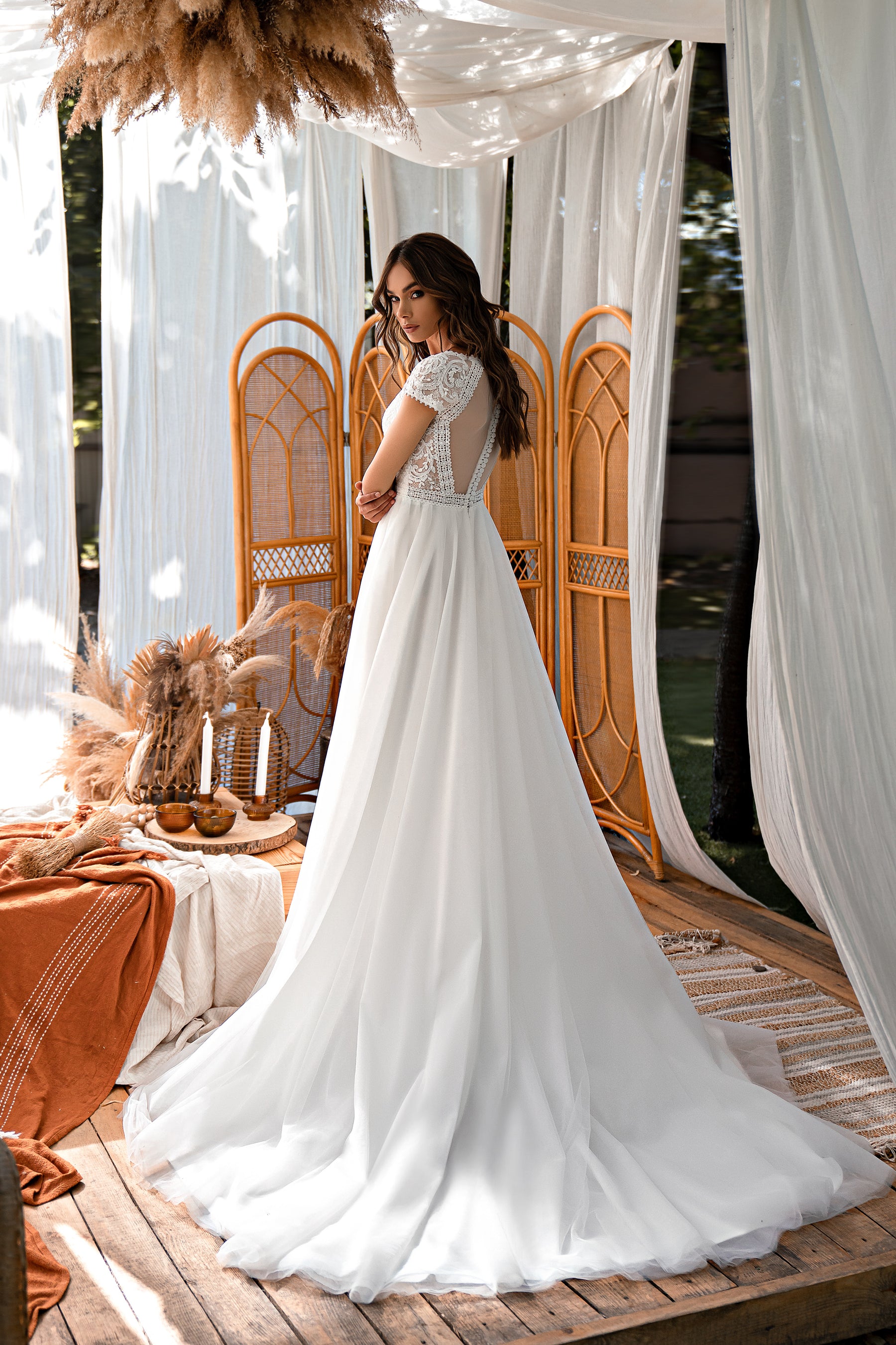 Delicate Boho-Style Wedding Dress with Guipure, Cord, and Sequins