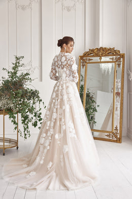 A-Line Wedding Dress with High Neck and 3D Floral Appliqués