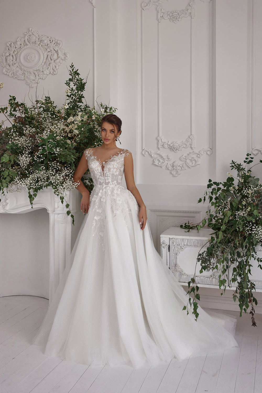 A-Line Wedding Dress With Tulle Lace Appliqués, Beading, V-Neck Sleeveless Bodice, Cathedral Train