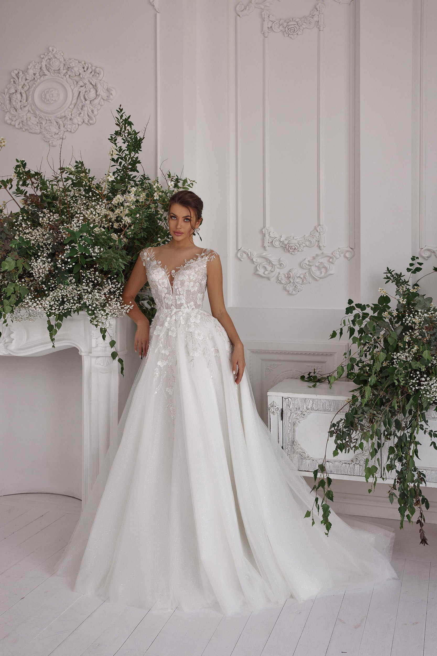 A-Line Wedding Dress with Illusion V-Neck Floral Bodice
