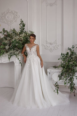 A-Line Wedding Dress with Illusion V-Neck Floral Bodice
