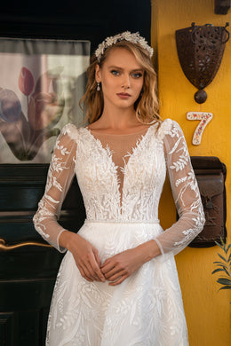 Elegant Extravagant Wedding Dress with Guipure, Sequins, Embroidered Appliqués, Beads, Pearls, Crystals, and Buttons