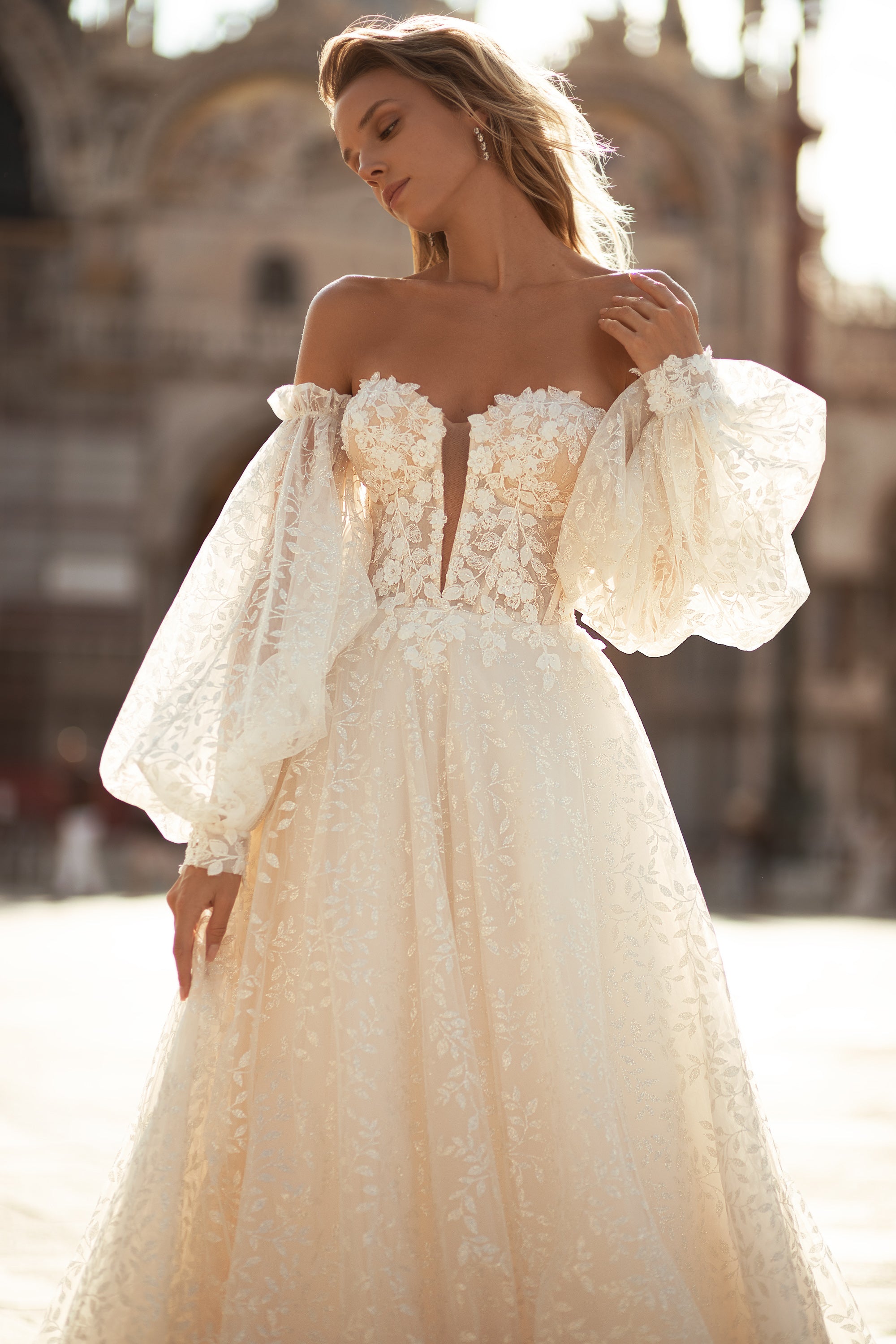 Elegant Lace Wedding Dress with Deep V-Neck, Lacing Back, Detachable Long Sleeves