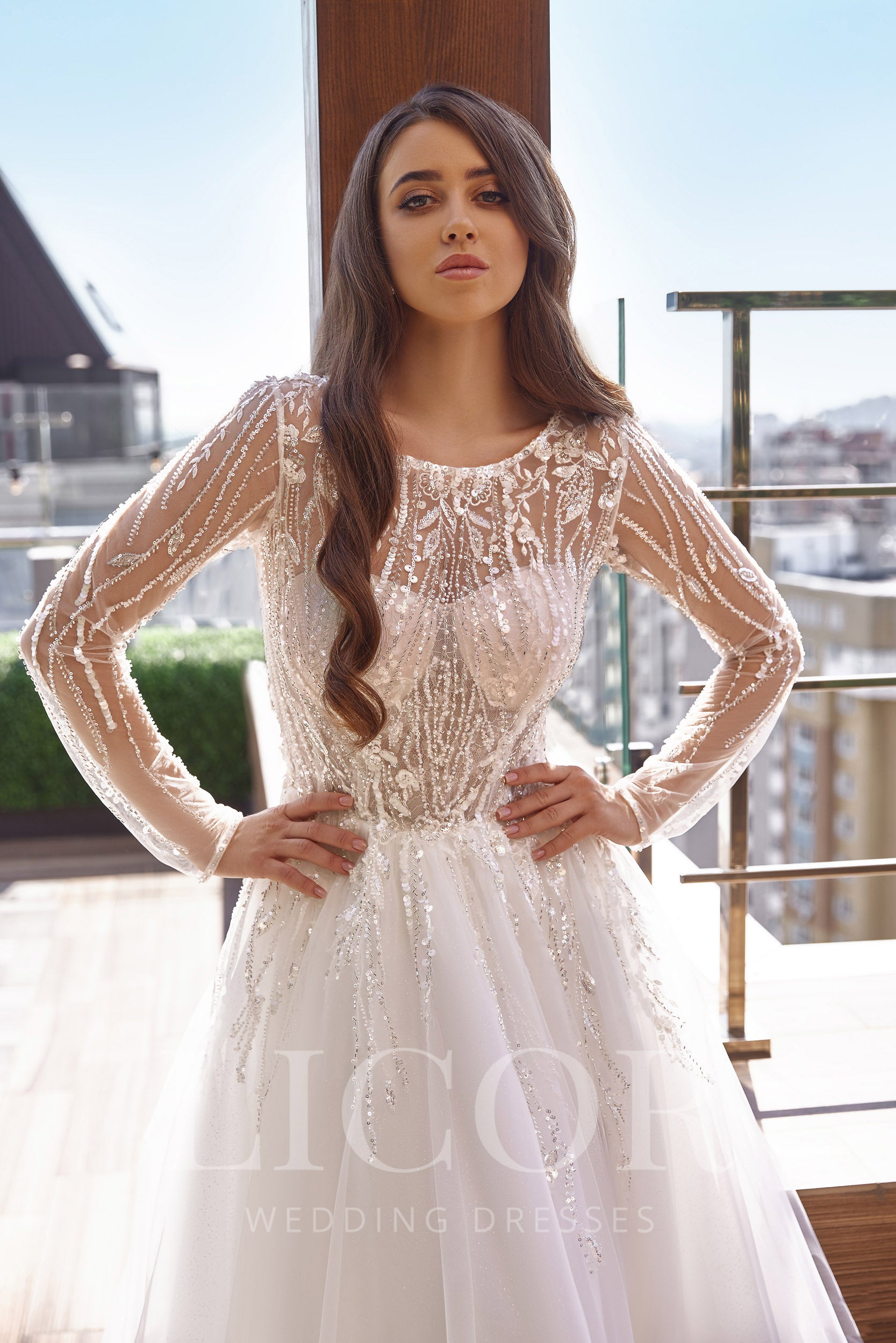 A-Line Wedding Dress With Tulle Skirt, Lace Appliqués And Beading, Illusion Long Sleeves, Cathedral Train