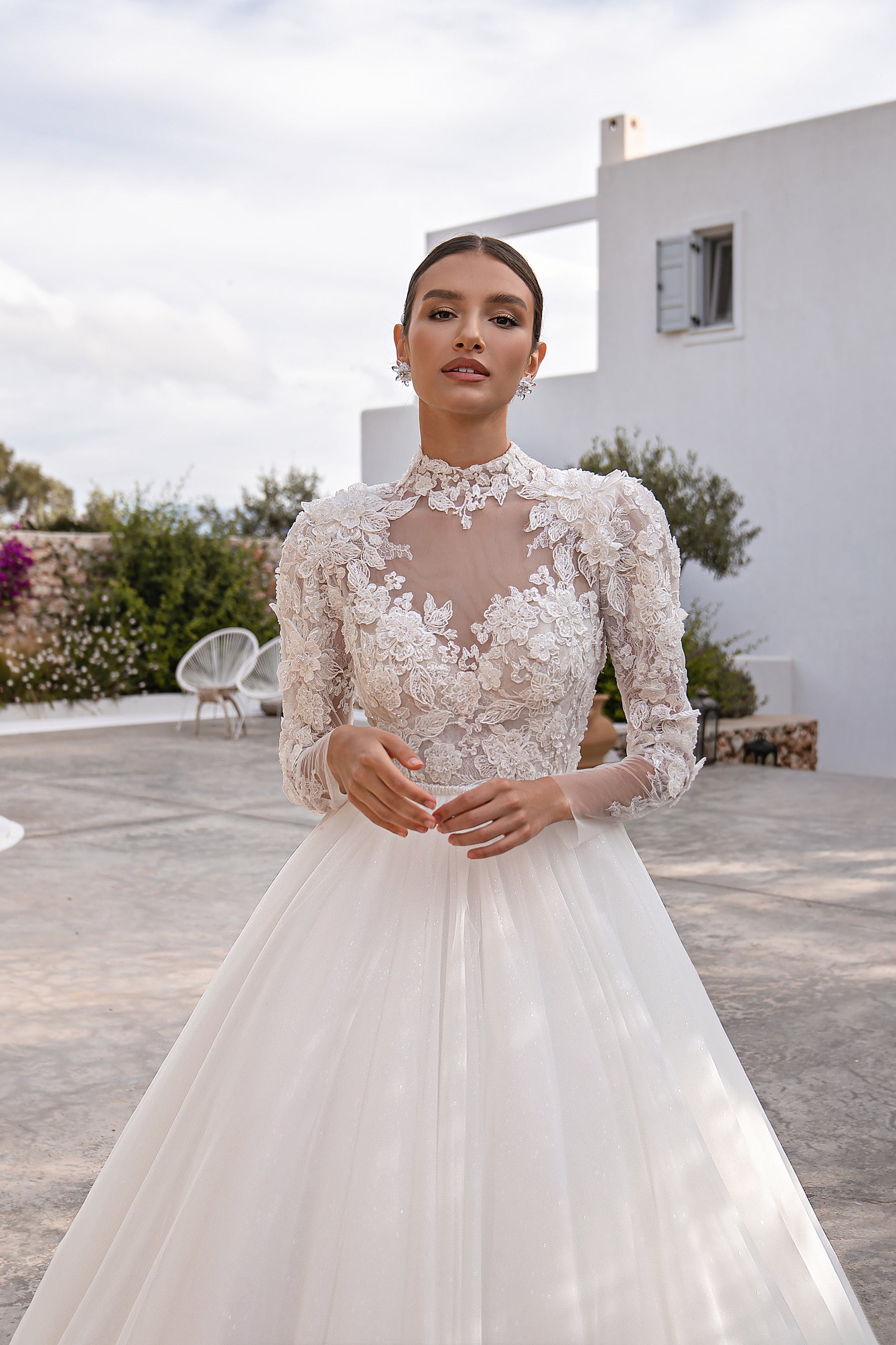2-in-1 Lace Long Sleeve Ball Gown Wedding Dress with Satin Overskirt